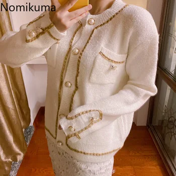 Nomikuma kórejský Elegantné O-krku Pletený Kabát 2020 Jeseň Nové Vrecká Dlhý Rukáv Sveter Cardigan Singel svojim Knitwear 6B525