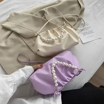 Jednofarebné Pu Kožené Crossbody Tašky Pre Ženy 2021 Malé Spojka Lady Luxusný Pearl Ramenný Jednoduchá Taška Na Cestovanie, Kabelka Cloud Taška