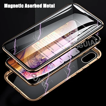 360 Full Metal Magnetické puzdro Pre iPhone 11 Pro XS Max X XR 6 7 8 Plus Obojstranné Tvrdeného Skla Magnet Adsorpcie Kryt Telefónu