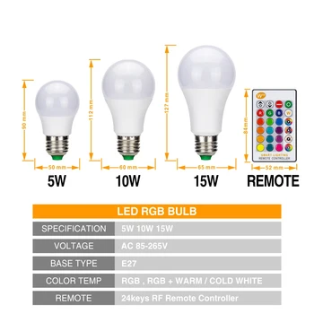 E27 Inteligentné Ovládanie Stmievateľné LED RGB Svetla 5W 10W 15W 110V 220V LED Žiarovka Farebné Meniace Lampy Domova Vnútorné Osvetlenie Lampada