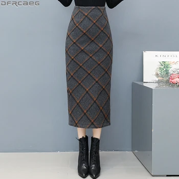Móda 2019 Zimné Vlna Sukne Dámske Bodycon Vysoký Pás Saia Longa Vintage Prekladané Koberčeky Ceruzku Sukne Streetwear Jupe Femme