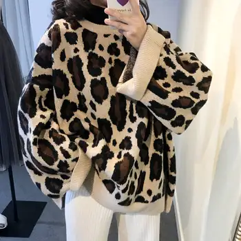 Heydress 2019 Leopard Sveter Ženy O Krk Dlhý Rukáv Pulóvre Vintage Voľné Topy Kórejský Nové Módne Streetwear Vytiahnuť Femme