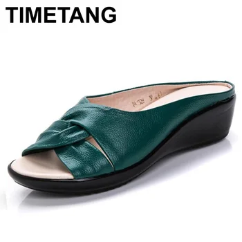 TIMETANG 2018 letné šľapky ženy Kliny sandále, topánky na Voľný čas papuče slip-on kolo prst originálne kožené sandále, žabky