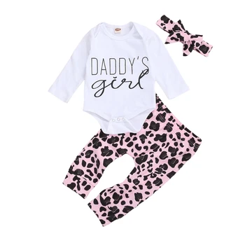 2020 Nové Jeseň Jesenné Dieťa, Baby, Dievčatá, 3ks Oblečenie s Dlhým Rukávom List Tlač Romper+Ružová Leopard Nohavice+hlavový most