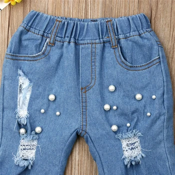 Chlapec Dievča Leta Ležérne džínsy Strúhaným Otvor Jeans Denim Nohavice Elastické Nohavice Dieťa Jean Dojčenské Oblečenie