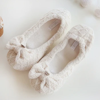 GKTINOO Jednoduché teplé pletené mäkké jediným domáce papuče tehotná žena roztomilý bowknot sklzu na topánky ženy Japonský krytý papuče ženy