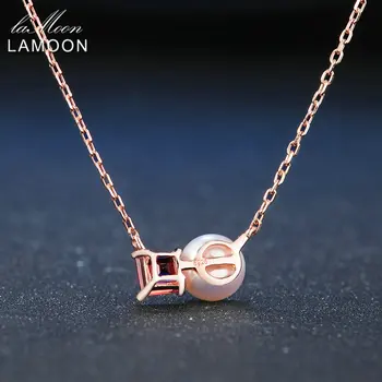 LAMOON Sladkovodné Perlový Náhrdelník Pre Ženy 925 Sterling Silver Šperky Granát Drahokam Prívesok 18K Rose Gold Plated LMNI054