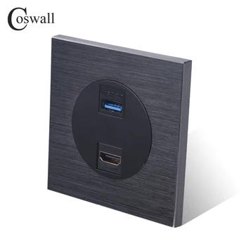 Coswall Čierna / Strieborná Sivá, Hliníkové Kovový Panel Sieťovej Zásuvky HDMI kompatibilné s 2.0 a USB 3.0 Konektor Samica na Ženy, Inline