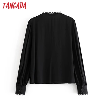Tangada ženy čipky patchwork čierne tričká dlhý rukáv pevné v-neck elegantné ženy bežné blúzky QN25