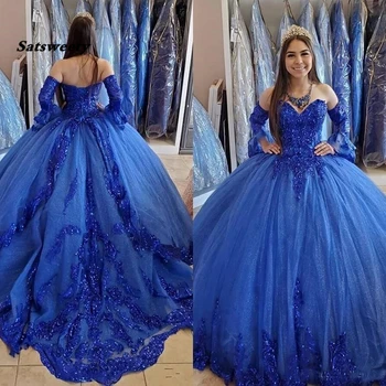 Princezná arabčina Kráľovská Modrá Quinceanera Šaty 2021 Čipky Nášivka Korálkové Milú Prom Šaty Krajky-up Sweet 16 Party Šaty