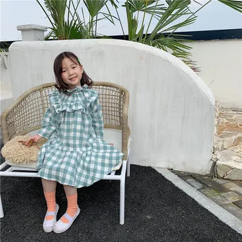 Na jeseň roku 2019 Dievča Kockované Šaty Detí Nepravidelný šaty detské Oblečenie Malé Čerstvé Bavlna Princezná