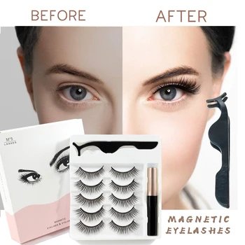 Make-up 3D 5 párov Magnetické Riasy s Magnetom Tekuté Očné linky a Tweezer Nastaviť prírodné vodotesný magnetický mihalnice nastaviť