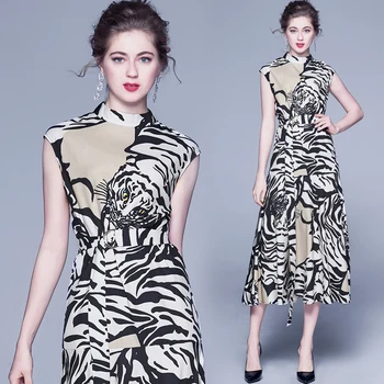 ženy šaty nové tigrie pruhy vytlačené golierom bez rukávov pás s pásom temperament vintage šaty strany vestidos