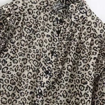 Za Top Ženy 2020 Vintage Leopard Semi-obyčajné Zviera Tlače Košele Ženy Dlhý Rukáv Vysoká Krku Prehrabať Trim Tlačidlo nahor Blúzky