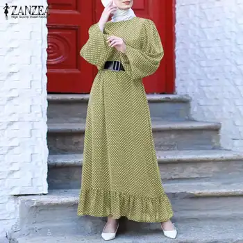 ZANZEA Plus Veľkosť Moslimských Hidžáb Oblečenie Žien Jeseň Sundress Vintage Polka Dot Dlho Vestidos Abaya Dubaj Turecko Volánikmi Šaty