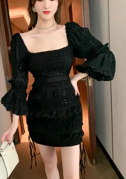 Sexy námestie krku sequin šaty s čiernou dlhé rukávy slim fit zadok
