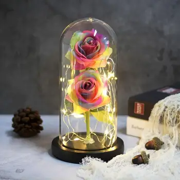 LED Večný Kvet Dvojité Rose V Dome sa rozsvieti Kráska a Zviera Rose V Banková Valentína, Narodeniny, sviatok Vianočný Darček