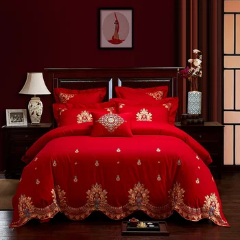 Nové Bavlna Zlaté Výšivky Luxusné svadobné 4/7pcs posteľná bielizeň nastaviť Kráľ Queen size Bed nastaviť Perinu Bedsheet obliečky na Vankúše