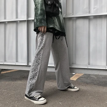 Harajuku Retro Nohavice Ženy Tŕnie Vytlačené Voľné Šnúrkou Jogger Nohavice Módne Bežné Streetwear Grunge Ženské Nohavice Unisex