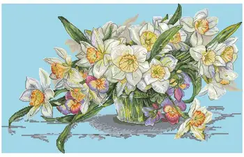 14/16/18/25/22 FARBA AIDA Počíta Cross Stitch Auta Daffodil Kytice Kvetinový Narcis Váza na Kvety