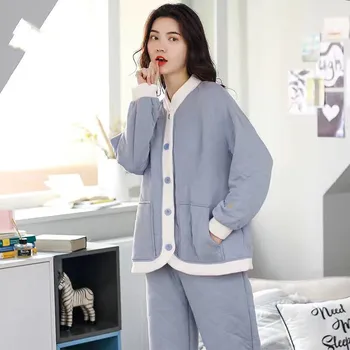 2020 Zimné Bavlnené Pyžamo Set Pre Ženy, 2 Kusy Sleepwear Dlho-Rukávy Topy+Nohavice, Pyžamá Nastaviť Teplý Odev Pre Ženy