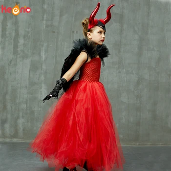 Zlo Scarlet Red Dievčatá Fantázie Tutu Šaty s Rohmi a Krídla Deti Čarodejnice Diabol Demon Šaty Až na Halloween Kostým Deluxe Šaty Šaty