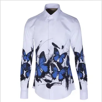 Nové ararival módne vysoko kvalitnej bavlny voľnou rukou blue butterfly príliv značky mužov dlho puzdre tričko Slim plus veľkosť M-XL2XL3XL4XL
