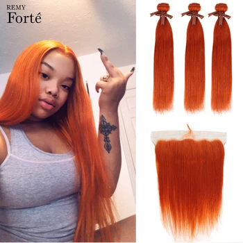 Remy Forte Priamo zväzky s uzáverom Blondína Orange Zväzky S čelnej Brazílsky Vlasy Väzbe Zväzky 3 Zväzky Vlasy Rýchlo USA