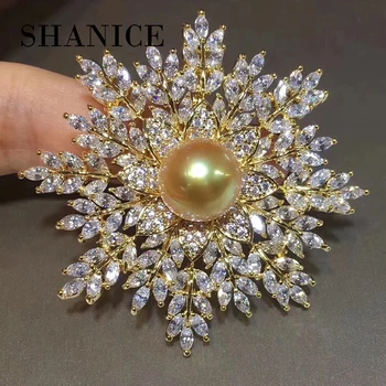 SHANICE luxusné Zlaté Kvet Plný Crystal Cubic Zirconia Brošne Trendy Rastlín pearl brošňa Veľké kolíky Nadsázka Etnických darček