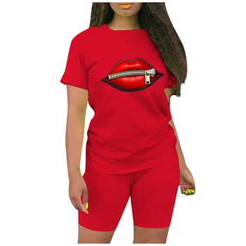 Dvojdielne Červené Pery Tlač ženské Oblečenie-Krátke rukávy O Neck T-shirt a Tesný Šortky Jednoduchý Štýl Tepláková súprava Oblečenie