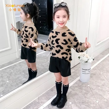 Teplý sveter pre dievčatá Leopard tlač sveter pre deti 5-10 ton pletené jesenné oblečenie pre dievčatá teens módne sveter s dlhým rukávom