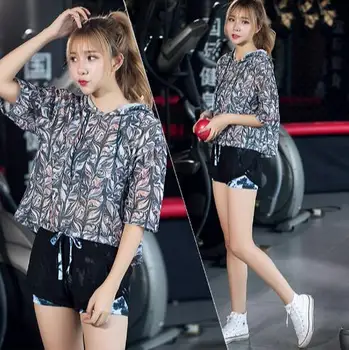 ženy sexy duté šport t-shirt kvetinový vytlačené kapucňou beží hore gym fitness oblečenie