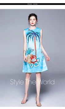 2019 Dráhy, Letná Modrá Mini Šaty Žien Ovocných Stromov Tlač bez Rukávov Elegantné Dovolenku Mini šaty Vestidos Župan Femme