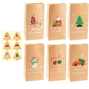 6sets Vianočné Kraft Papier Darčekové tašky Cute Santa Claus Snehuliak Candy Bag Xmas Party Dekor Postaviť Papier Liečbu Taška s Samolepky