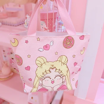 Roztomilý Kreslený Ružová Sailor Moon Plátno Kabelka Deti Obed Taška pre Dievčatá Školy Ženy Malé Lunchbox Strane Tašky Piknik Jedlo Tašky