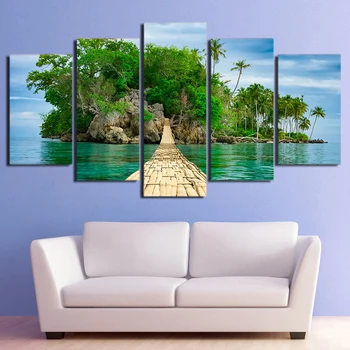 HD Vytlačené 5 Kus Plátna Umenie Zelený Ostrov, Maľovanie Drevený Most Stenu Obrázky a Decor Zarámované Maľovanie