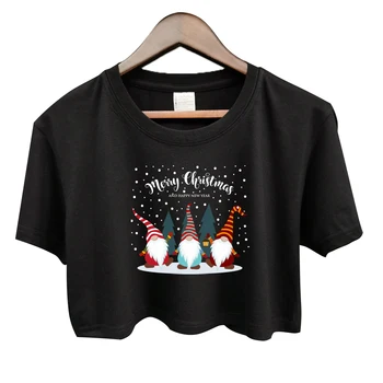 2020 Veselé Vianoce A šťastný Nový Rok Vtipné Trpaslíkov Tlač Krátke Tričká Ženy Pupok Streetwear Módy Oblečenie Top Tee Tričko