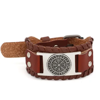 Nodic viking Vegvisir Kompas kožené amulet odin symbol náramok -nastaviteľná veľkosť 19-25 cm