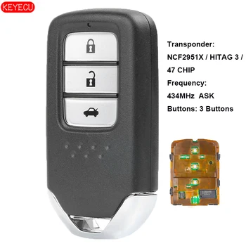 KEYECU OPÝTAŤ, 434Mhz ID47 Smart Remote príveskom 3 Tlačidlo pre Honda City Jazz Občianske Milosť - FCCID: KR5V2X