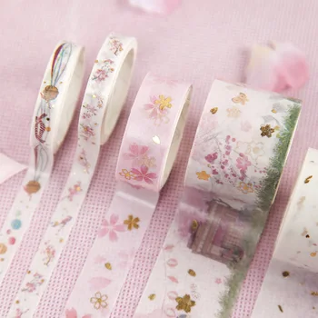 5 ks Japonská Sakura Papier Washi Pásky Nastaviť Ružová Čerešňový Kvet Zlatá Farba Lepiacej Maskovacie Pásky Dekorácie, Nálepky DIY A6372