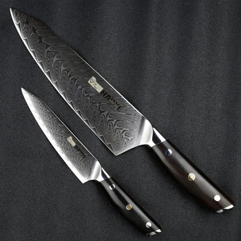 2 ks damasku kuchynské nože nastaviť Japonskej ocele vg10 kuchár nôž 8.5 palcový gyuto utility nôž s eben rosewood rukoväť