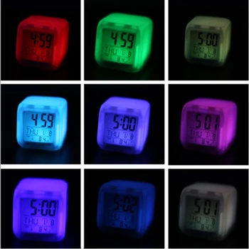 Multifunkčné 7 Zmeny Farby, LED Digitálny Budík S Dátum, Budík, Teplomer Ploche Tabuľka Kocka Budík Noc Žiariace