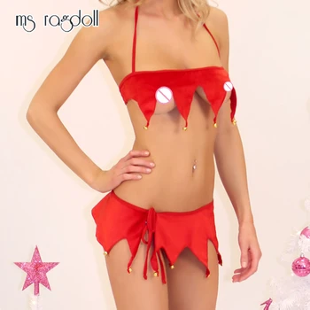 Ms Ragdoll Ženy Červená Sexy spodnú Bielizeň S Bell G-string Vianočné Exotické Nastaviť Otvorené Rozkroku Bielizeň Micro Bikini Extrémne Oblečenie