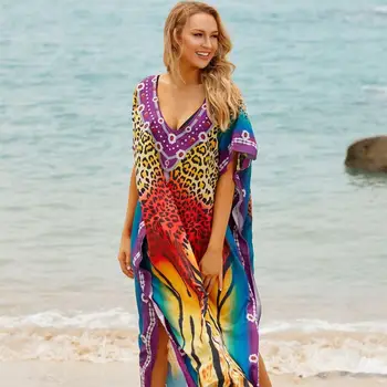 Plus Veľkosť Letné Beach zakryť Maxi Šaty Pareo de Plage Ženy Plavky Bikiny zakryť Tlač Dlho Coverups Sarong Tunika