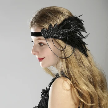 Módne Čierne Biele Pierko do Vlasov Korálkové Šperky Sequin Drahokamu Vlasy Kapely 1920 Gatsby Headpiece Ženy hlavový most Príslušenstvo
