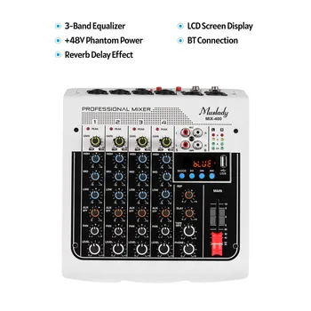 MIX-400 Profesionálny 6-Kanálový Audio Mixer Mixing Console 3-Band EQ s Delay Reverb Efekty + 48V Phantom Power pre Nahrávanie