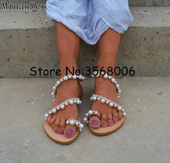 Ručné Ženy Pearl Svadobné Sandále Slip-on Ring Prst Drahokamu Ozdobené Lady Bytov Gladiator Sandále Letné Plážové Topánky