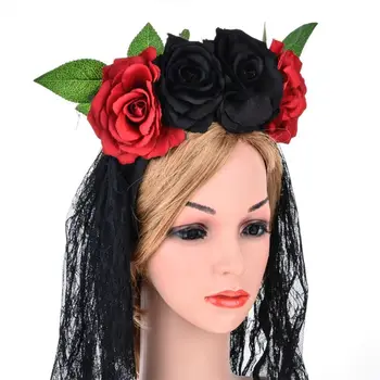 Ženy, Svadobné Halloween Svadba hlavový most Koruny Kontrast Farieb Faux Ruže Kvet Deň Mŕtvych Vlasy Obruč s Čiernou Čipkou Závoj