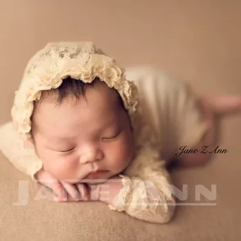 Jane Z Ann Novorodenca fotografie oblečenie, klobúk a dlhý rukáv čipky kombinézu dieťa fotenie oblečenia studio príslušenstvo