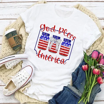 Ženy Grafické Dievča Vlajku USA Americký Lásku Tlač Krátkym Rukávom Letné T-Shirt Topy Lady Dámske Oblečenie Oblečenie Čaj Ženský T Tričko